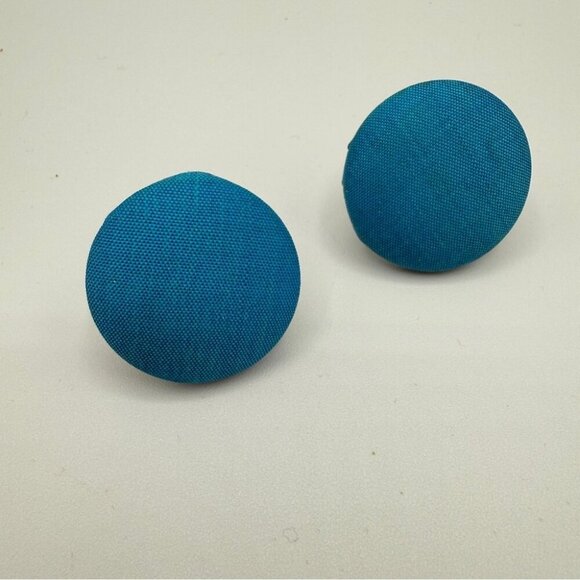 Teal Blue Fabric Button Clip On Earrings - Picture 1 of 5